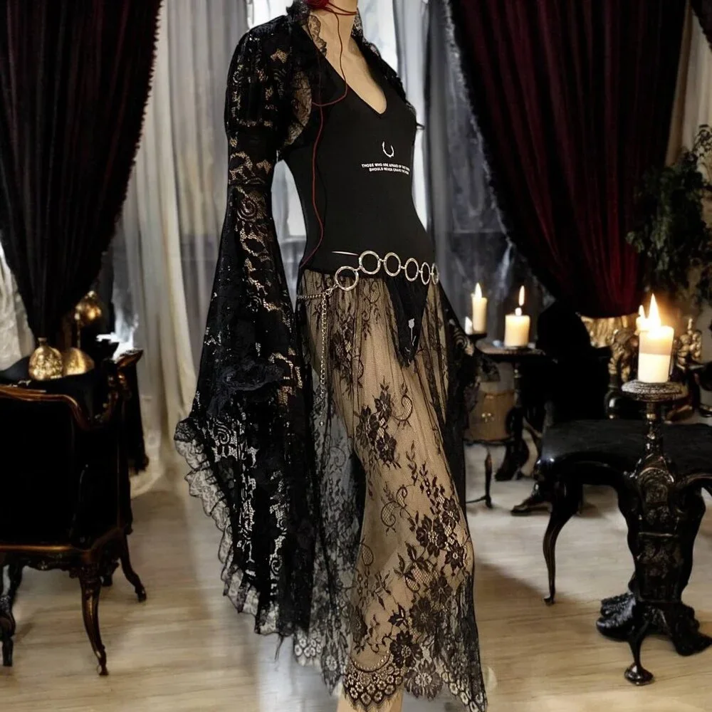 Black Floral Lace Sheer Midi Skirt - NEW - Picture 4 of 5